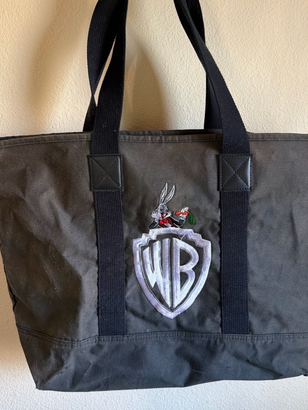 Vintage Warner Bros Bugs Bunny Tuxedo WB Shield Logo Black Canvas Tote Bag
